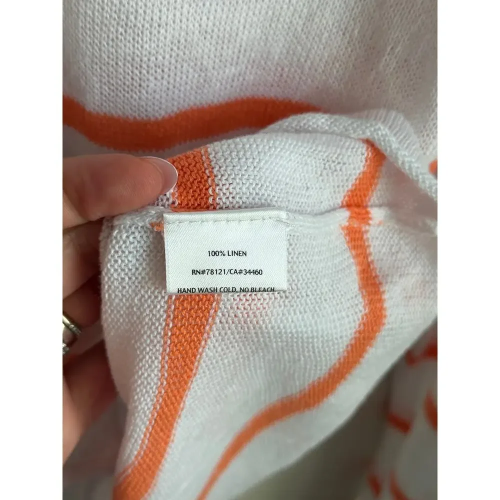 Eileen Fisher 100% Linen Striped Long Sleeve Pullover Sweater White Orange Small